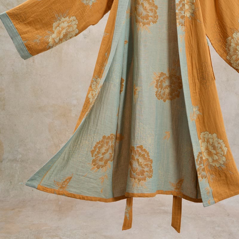 Kimono-Bademantel aus Baumwollgaze mit gelber Pfingstrose - image 5