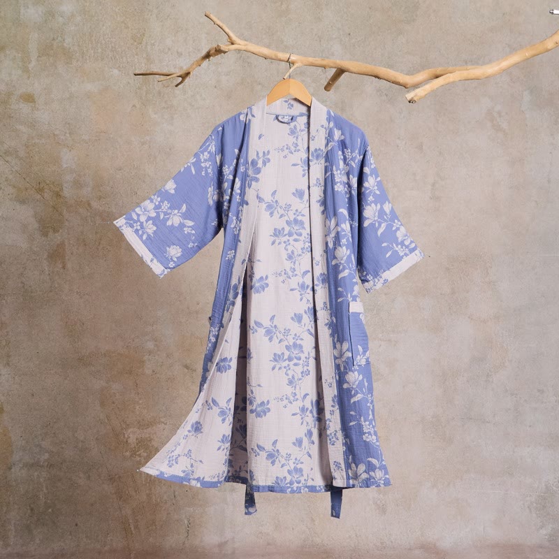 Eleganter Kimono-Bademantel aus doppellagigem Baumwollgewebe mit Blumenmuster - Blau - 2XL - image 0