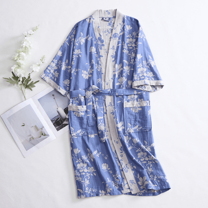 Eleganter Kimono-Bademantel aus doppellagigem Baumwollgewebe mit Blumenmuster - image 2
