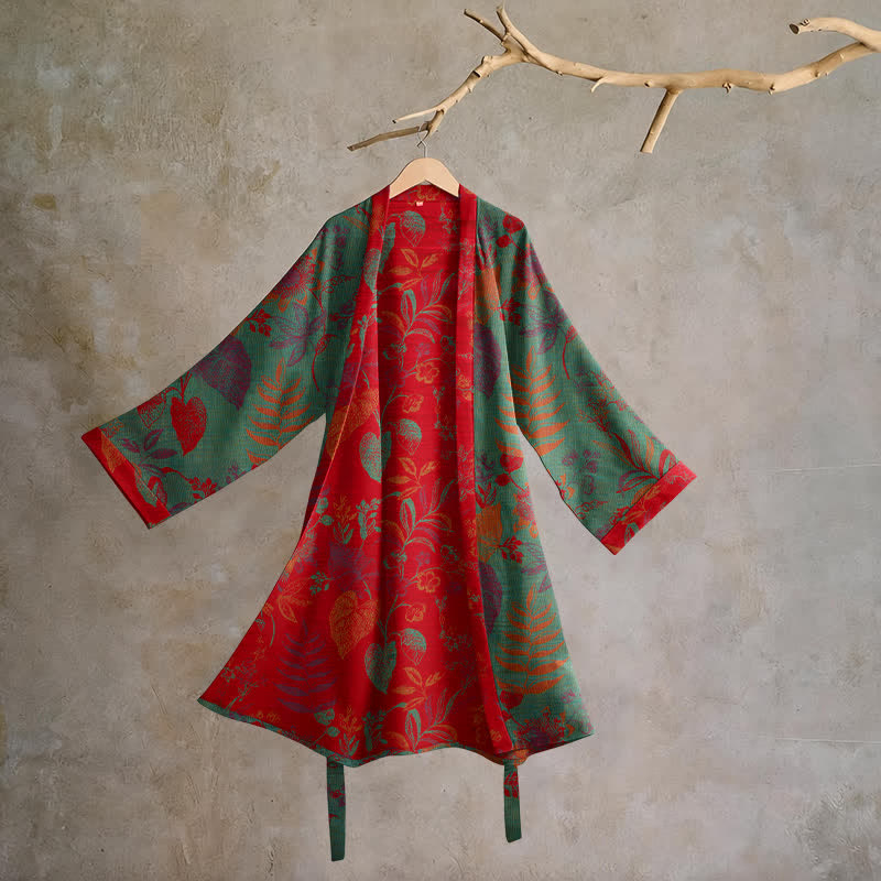 Retro-Baumwollkimono mit Blatt-Jacquardmuster - Grün & Rot - 2XL - image 5