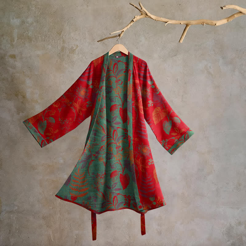 Retro-Baumwollkimono mit Blatt-Jacquardmuster - Rot & Grün - 2XL - image 0