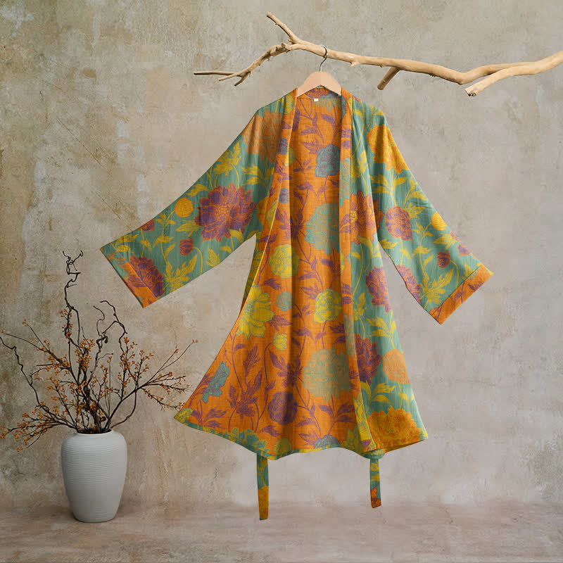 Vintage-Baumwollbademantel mit Blumenmuster - Türkis & Orange - 2XL - image 5