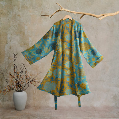 Vintage-Baumwollbademantel mit Blumenmuster - Blau & Grün - 2XL - image 10