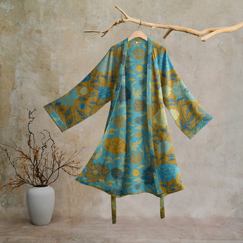 Vintage-Baumwollbademantel mit Blumenmuster - Grün & Blau - 2XL - image 15