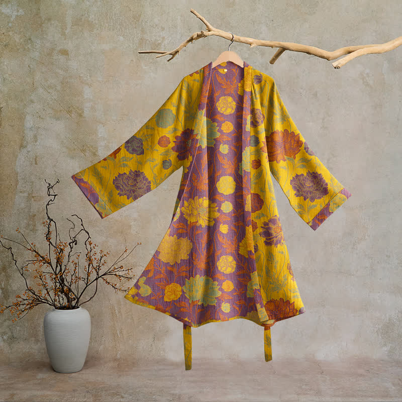 Vintage-Baumwollbademantel mit Blumenmuster - Gelb & Lila - 2XL - image 20
