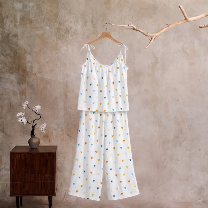Loungewear mit Spaghettiträgern und Herzchenmuster - Weiß - XL - image 0