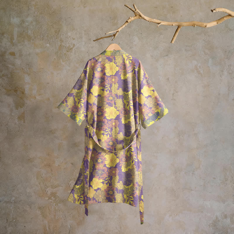 Kimono-Bademantel aus Baumwolle mit lila Blumenmuster - image 1