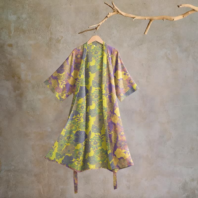 Kimono-Bademantel aus Baumwolle mit lila Blumenmuster - Lila - XL - image 0