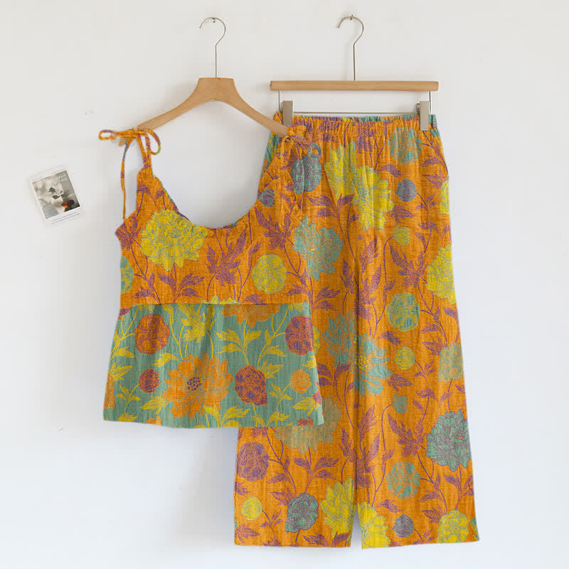 Retro-Pfingstrosen-Baumwoll-Cami-Loungewear-Set - image 1