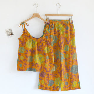 Retro-Pfingstrosen-Baumwoll-Cami-Loungewear-Set - Orange & Türkis - XL - image 0