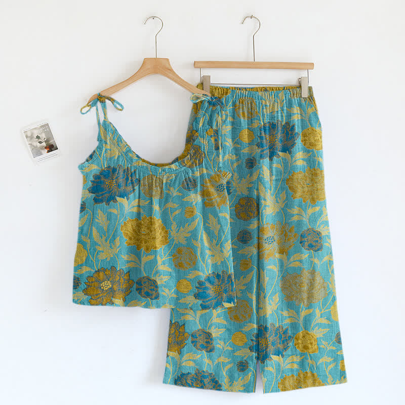 Retro-Pfingstrosen-Baumwoll-Cami-Loungewear-Set - Blau & Grün - XL - image 8