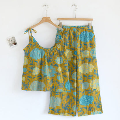 Retro-Pfingstrosen-Baumwoll-Cami-Loungewear-Set - Grün & Blau - XL - image 12