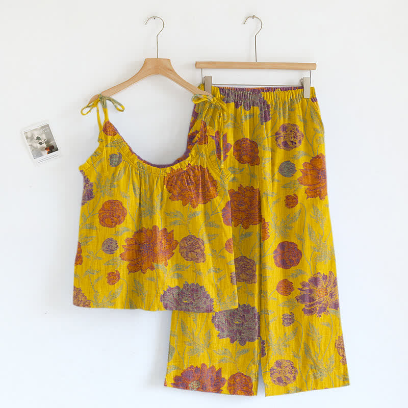 Retro-Pfingstrosen-Baumwoll-Cami-Loungewear-Set - Gelb & Lila - XL - image 16
