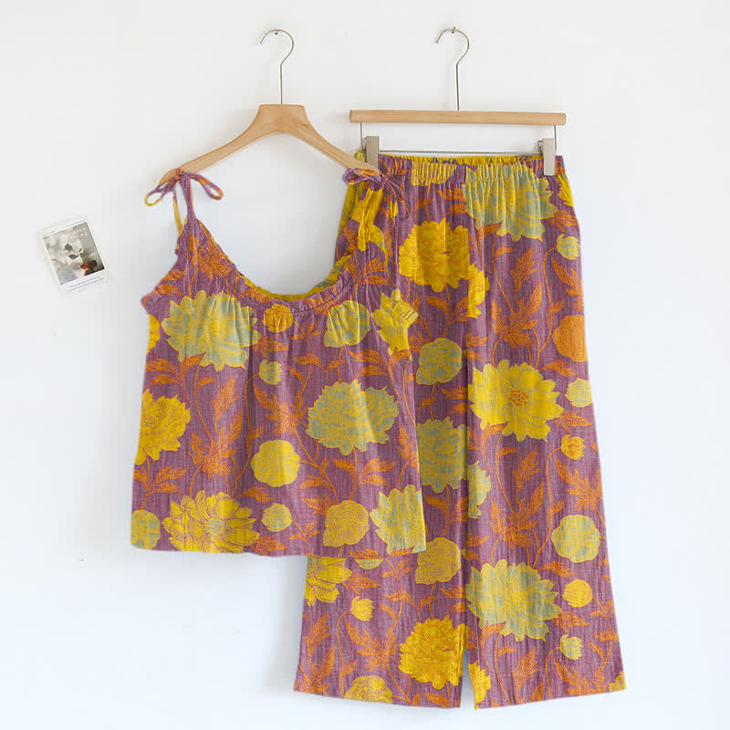 Retro-Pfingstrosen-Baumwoll-Cami-Loungewear-Set - Lila und Gelb - XL - image 20