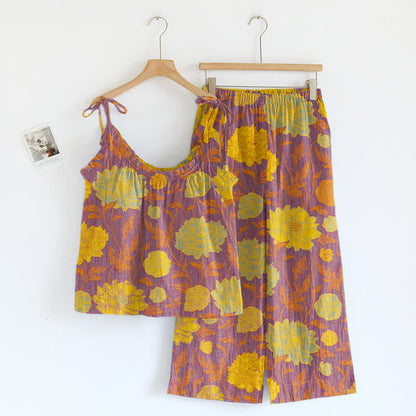 Retro-Pfingstrosen-Baumwoll-Cami-Loungewear-Set - Lila und Gelb - XL - image 20
