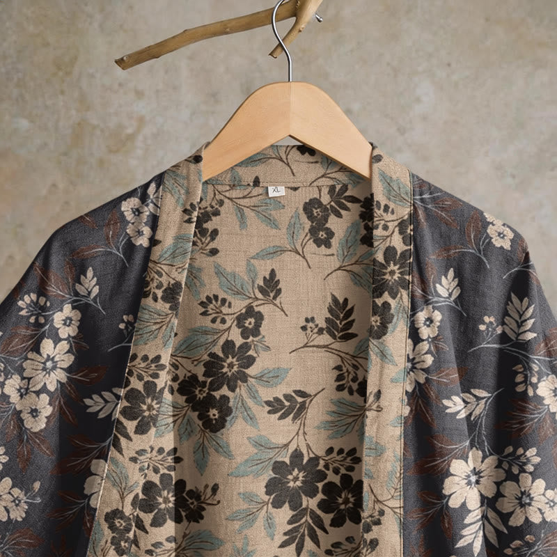 Kimono-Bademantel aus Baumwolle mit Mokka-Blumenmuster - image 2