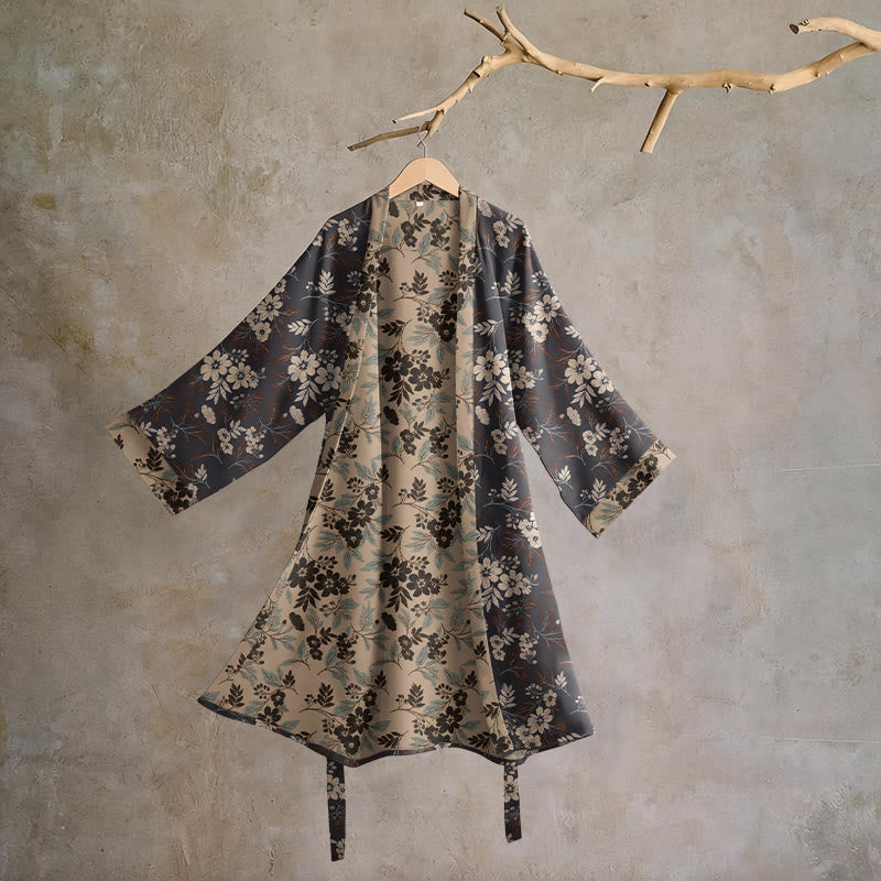 Kimono-Bademantel aus Baumwolle mit Mokka-Blumenmuster - Braun - L - image 0