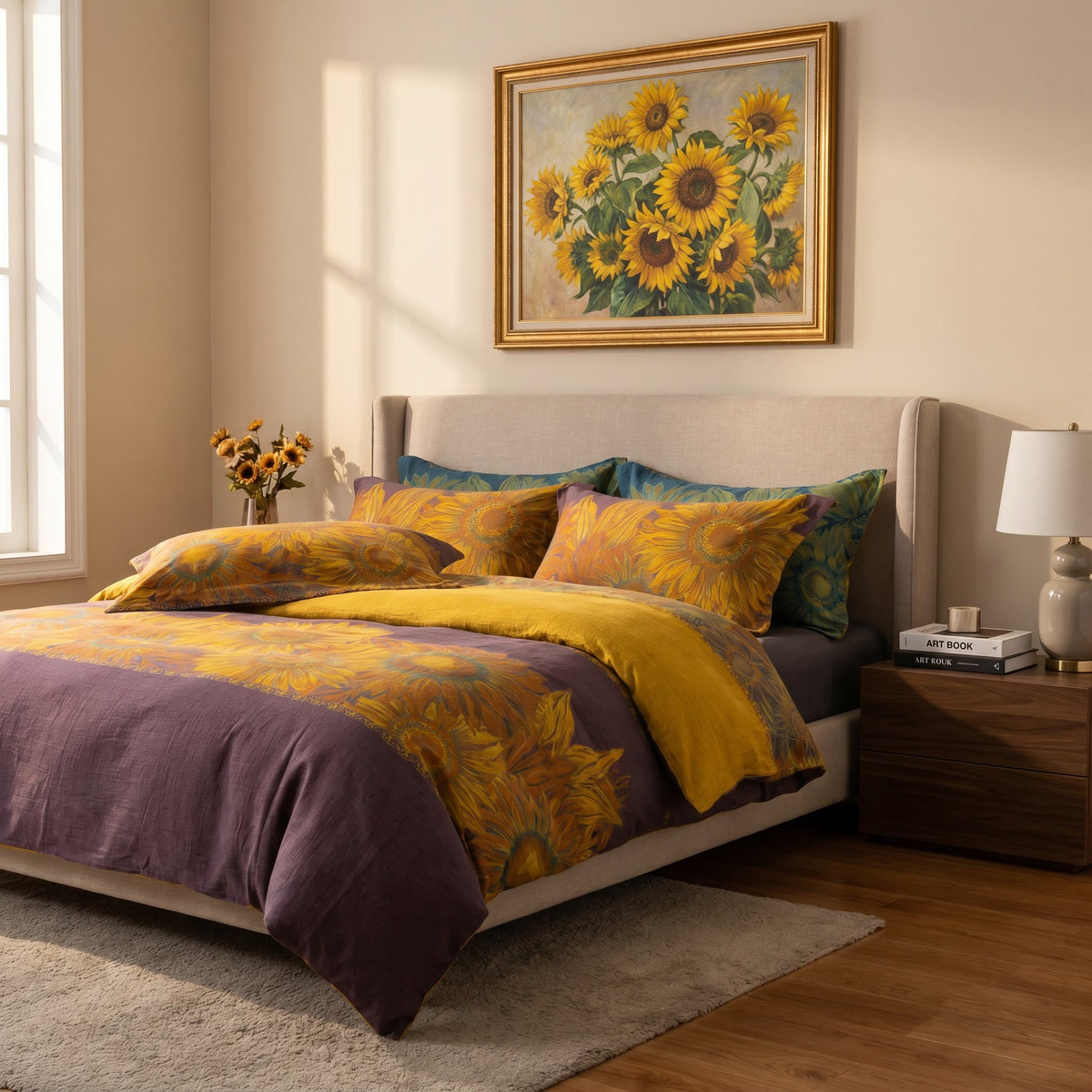 Vintage Sonnenblumen-Bettwäsche-Set aus Baumwollgaze - Lila und Gelb - König - image 8