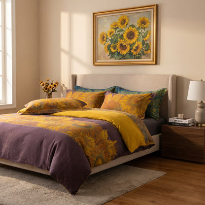 Vintage Sonnenblumen-Bettwäsche-Set aus Baumwollgaze - Lila und Gelb - König - image 8