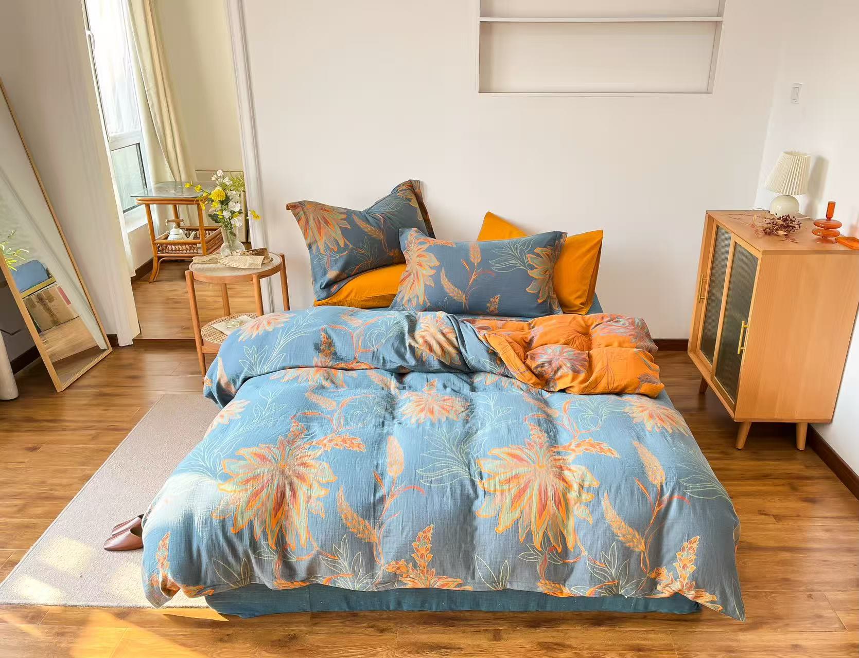 Vintage-Bettwäsche-Set aus Baumwollgaze mit Blumenmuster - Blau - König - image 0