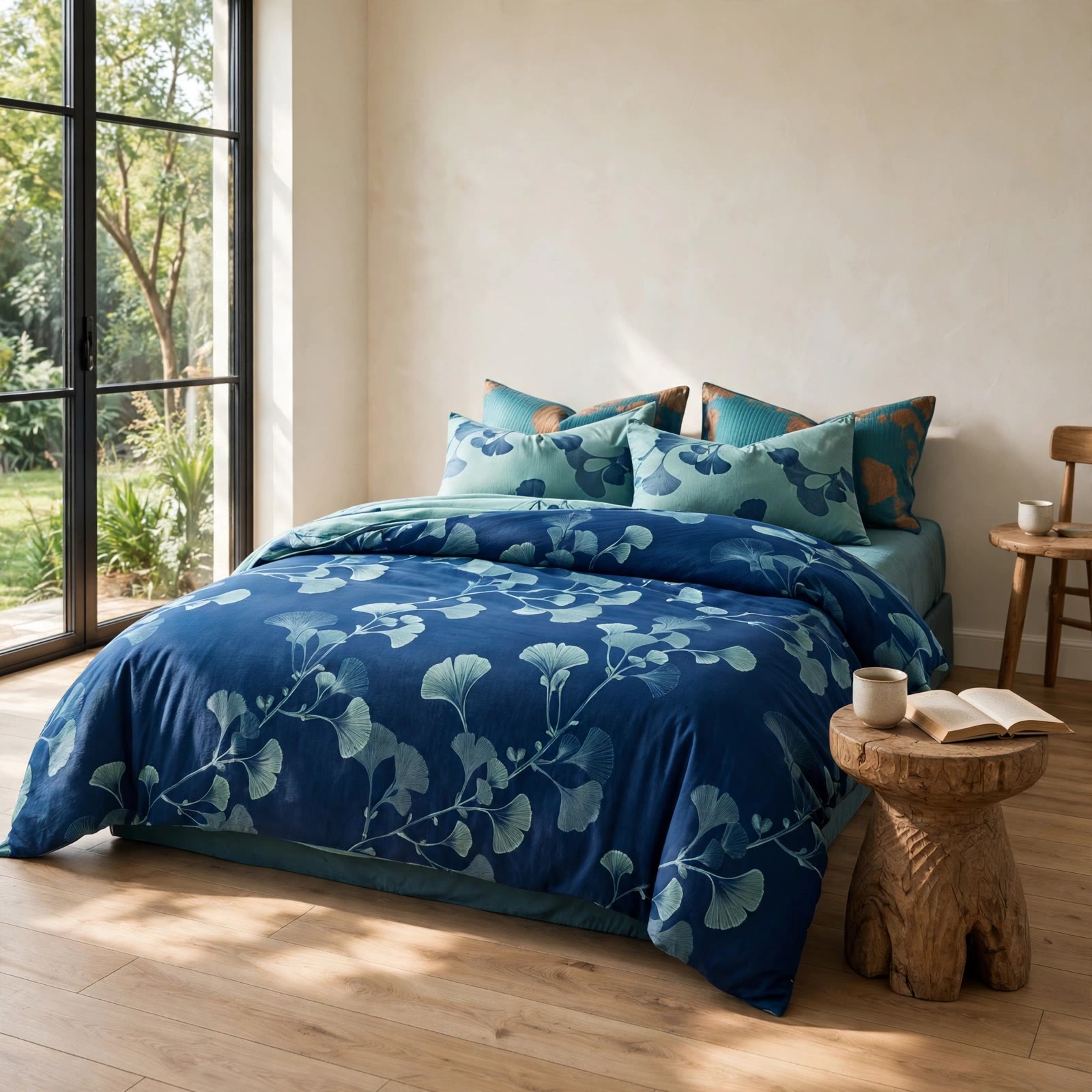 Vintage Ginkgoblatt Baumwoll-Bettwäscheset - Blau - König - image 0