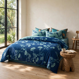 Vintage Ginkgoblatt Baumwoll-Bettwäscheset - Blau - König - image 0