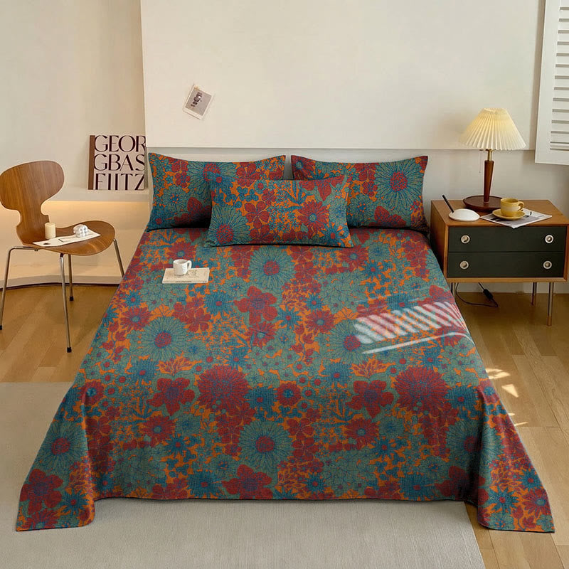 Bettwäsche-Set aus Baumwollgaze mit Retro-Blumenmuster - Grün - Tagesdecke mit 2 Kissenbezügen - König - image 1