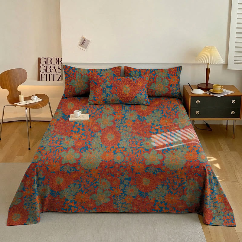 Bettwäsche-Set aus Baumwollgaze mit Retro-Blumenmuster - Rot - Tagesdecke mit 2 Kissenbezügen - König - image 3