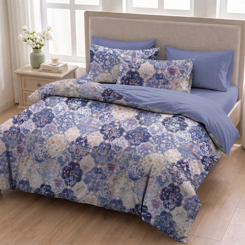 Bettwäsche-Set aus blauer Mosaik-Baumwollgaze mit Blumenmuster - Blau & Lila - 3 Stück - Voll-/Doppelzimmer - image 1