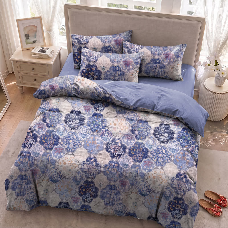 Bettwäsche-Set aus blauer Mosaik-Baumwollgaze mit Blumenmuster - image 3