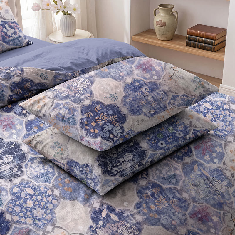 Bettwäsche-Set aus blauer Mosaik-Baumwollgaze mit Blumenmuster - Blau & Lila - 2 Kissenbezüge - 50cm x 50cm x 37" (52 cm x 93 cm) - image 4