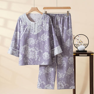 Vintage Loungewear-Set aus Baumwollgaze und Jacquard mit Pfingstrosenmuster - Lila - XXL - image 0