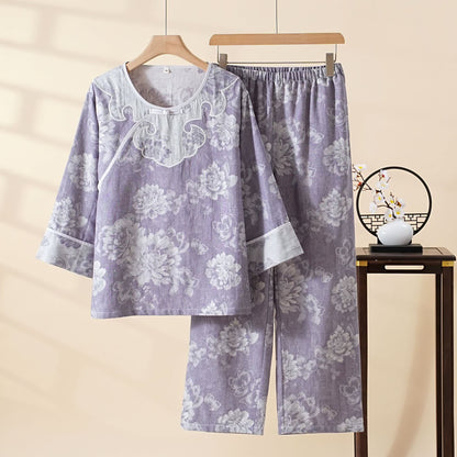 Vintage Loungewear-Set aus Baumwollgaze und Jacquard mit Pfingstrosenmuster - Lila - XXL - image 0
