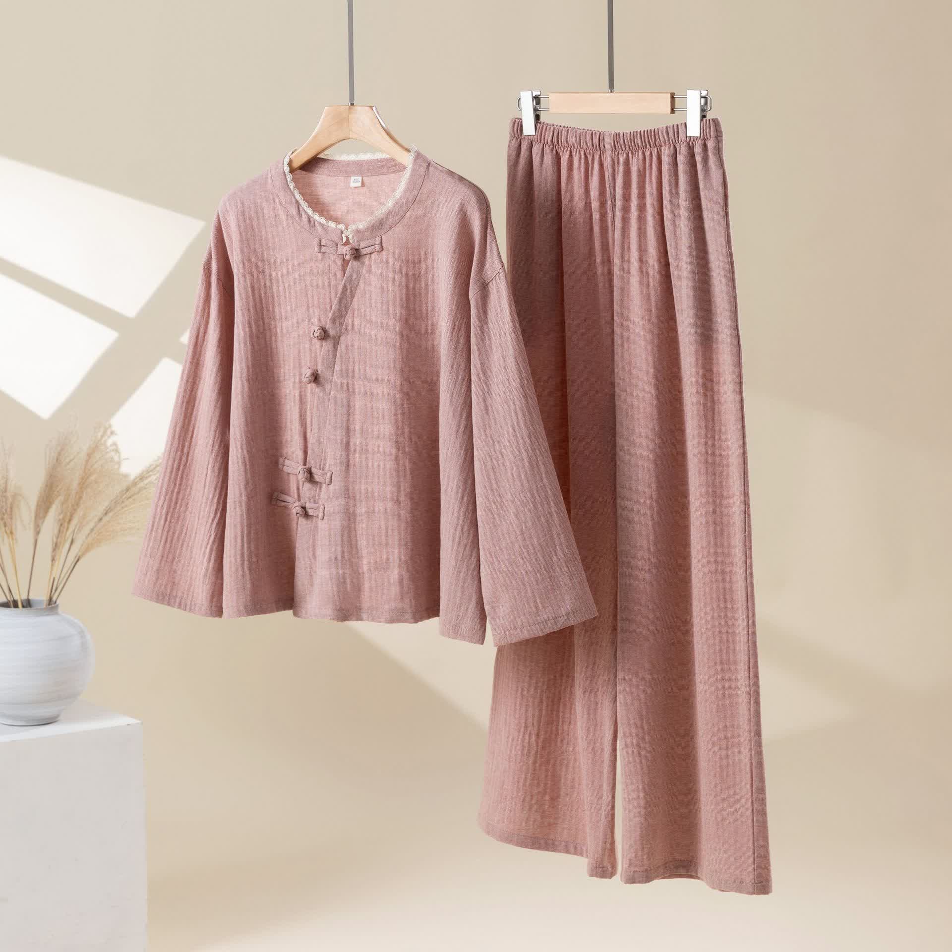 Einfarbiges Loungewear-Set aus Baumwolle mit Froschknöpfen - Rosa - XL - image 0
