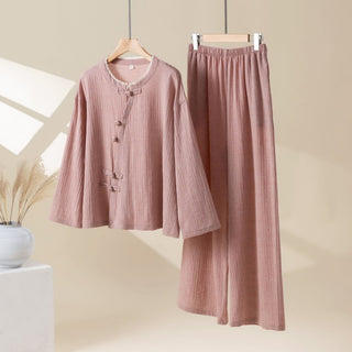 Einfarbiges Loungewear-Set aus Baumwolle mit Froschknöpfen - Rosa - XL - image 0