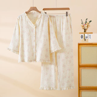 Refresh Loungewear-Set aus Baumwollgaze mit Rüschen und floralem Muster - Beige - XL - image 0