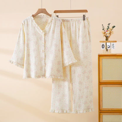 Refresh Loungewear-Set aus Baumwollgaze mit Rüschen und floralem Muster - Beige - XL - image 0