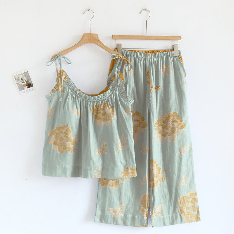 Retro-Loungewear-Set aus Baumwolle mit Pfingstrosen- und Schmetterlingsmotiv - Salbeigrün - XL - image 3