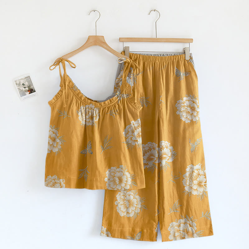 Retro-Loungewear-Set aus Baumwolle mit Pfingstrosen- und Schmetterlingsmotiv - Gelb - XL - image 0
