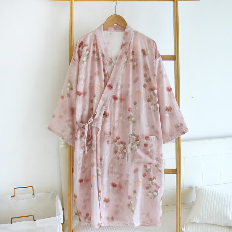 Kimono-Bademantel aus Baumwolle mit rosa Beeren- und Blumenmuster - Rosa - XL - image 0