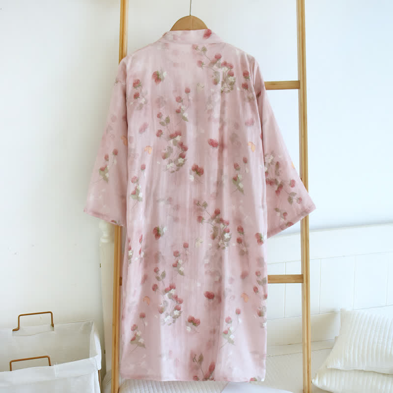 Kimono-Bademantel aus Baumwolle mit rosa Beeren- und Blumenmuster - image 1