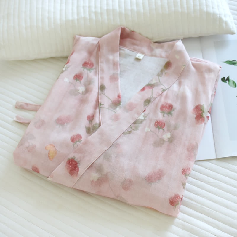 Kimono-Bademantel aus Baumwolle mit rosa Beeren- und Blumenmuster - image 2