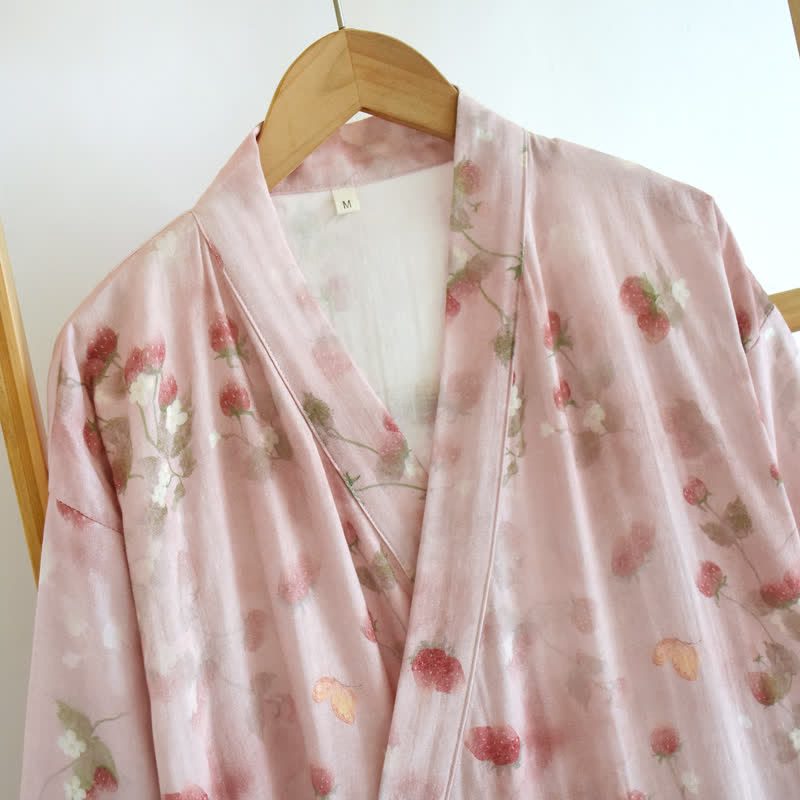 Kimono-Bademantel aus Baumwolle mit rosa Beeren- und Blumenmuster - image 3