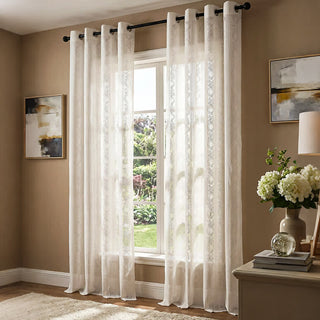 Vertikal gestreifter, lichtdurchlässiger Ösen-Fenstervorhang - Weiß - 140 x 260cm - image 0