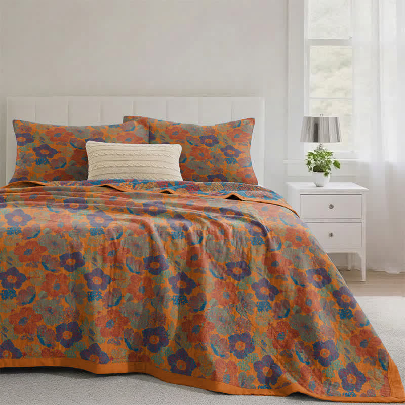 Vintage-Wende-Steppdecke aus Baumwolle mit mehrfarbigem Blumenmuster - Orange - Steppdecke mit 2 Kissenbezügen - 234cmx 264cm - image 0