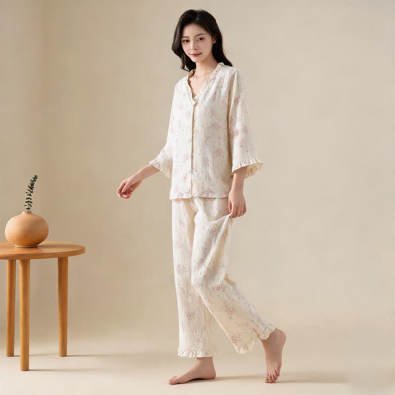 Refresh Loungewear-Set aus Baumwollgaze mit Rüschen und floralem Muster - image 1
