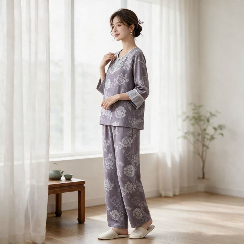 Vintage Loungewear-Set aus Baumwollgaze und Jacquard mit Pfingstrosenmuster - image 3