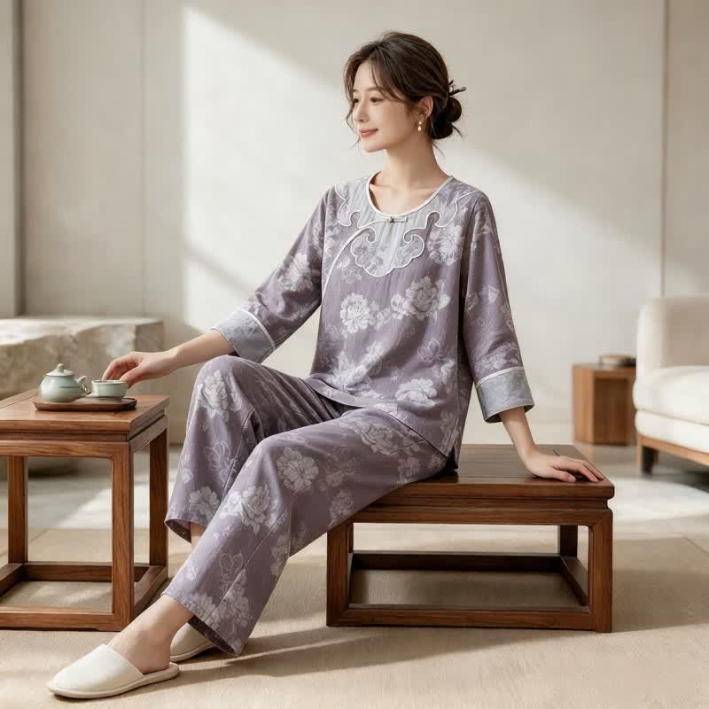 Vintage Loungewear-Set aus Baumwollgaze und Jacquard mit Pfingstrosenmuster - image 1
