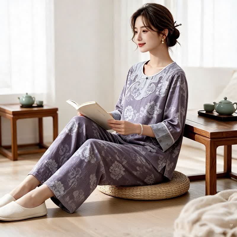 Vintage Loungewear-Set aus Baumwollgaze und Jacquard mit Pfingstrosenmuster - image 2