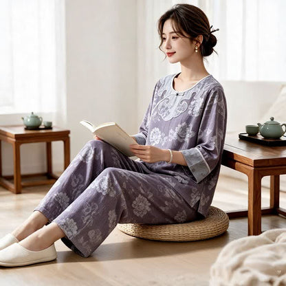 Vintage Loungewear-Set aus Baumwollgaze und Jacquard mit Pfingstrosenmuster - image 2